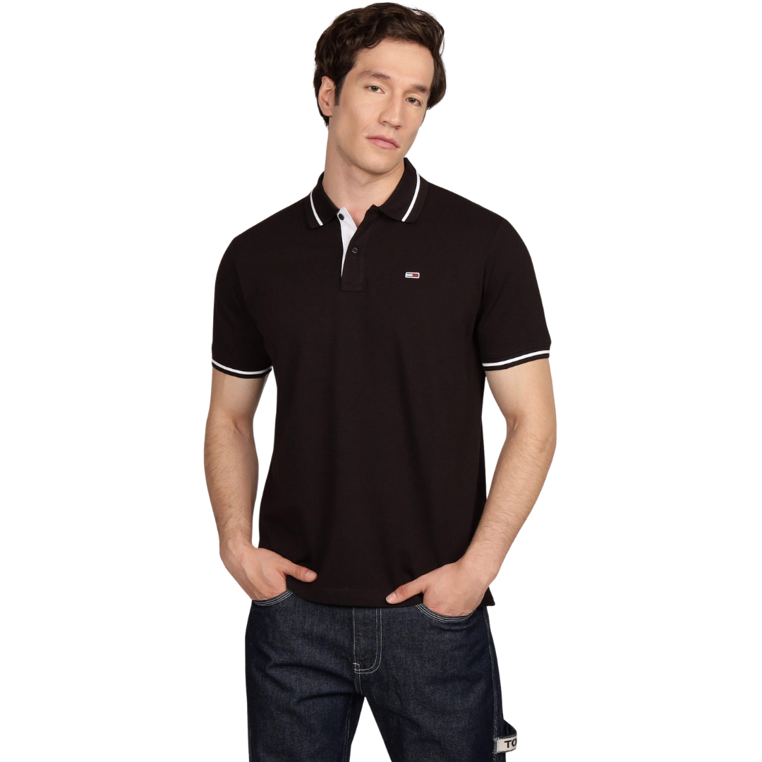 Tommy Jeans Polo Noir Regular Fit avec Détails de Bordure
