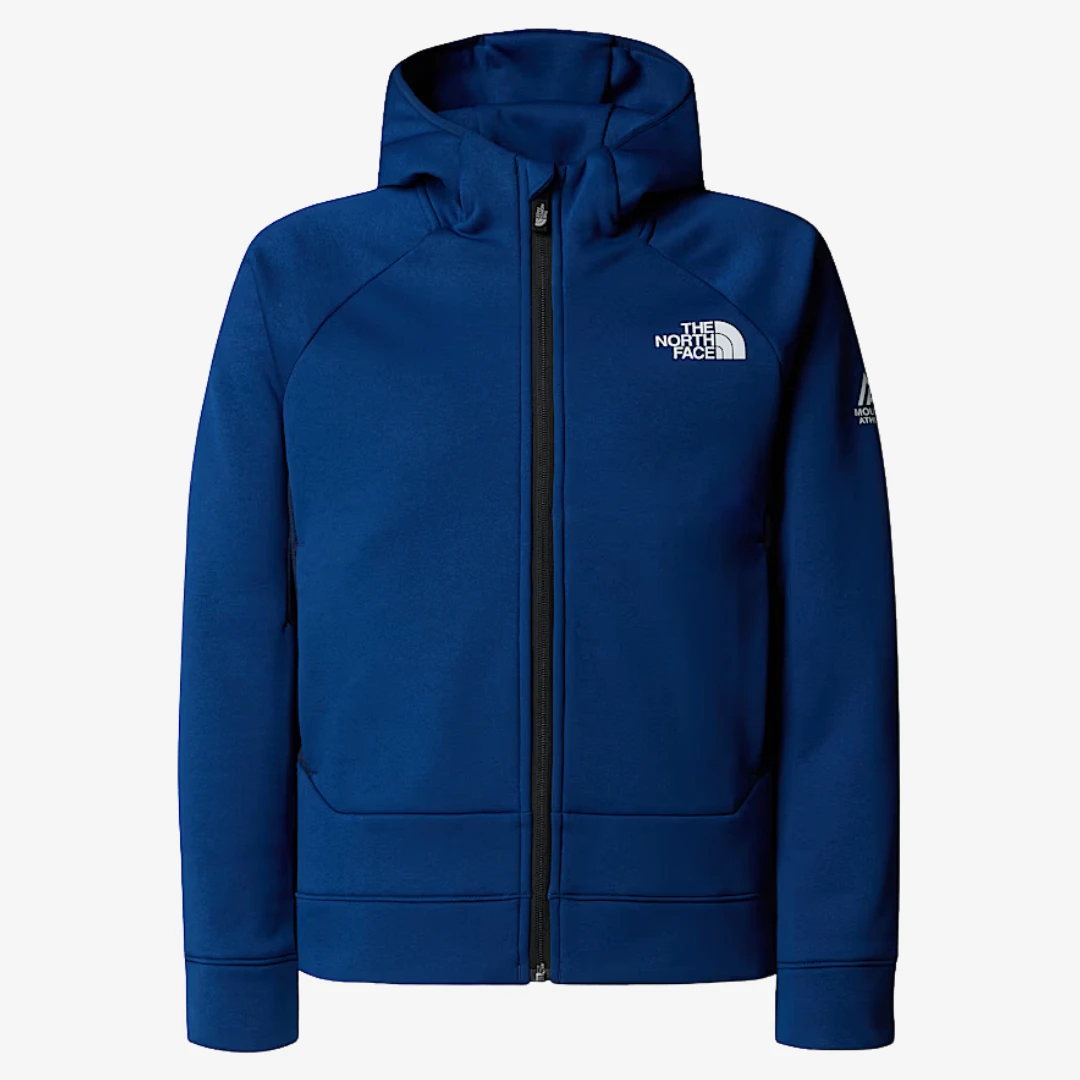 veste de sport zippée North Face en bleu avec capuche et logo sur la poitrine