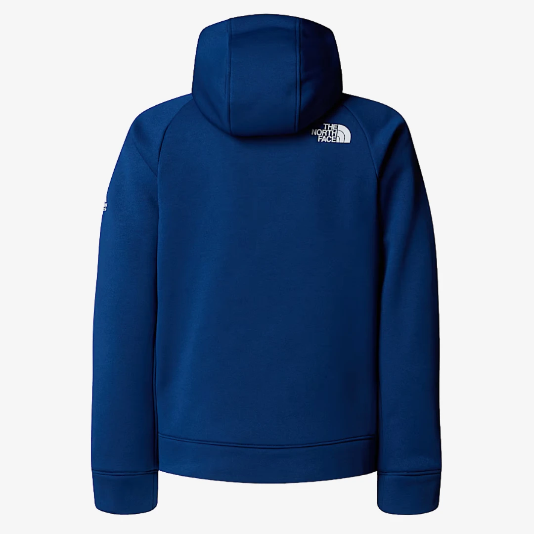 arrière de la veste de sport zippée North Face, avec capuche, couleur bleue, tissu doux et confortable.