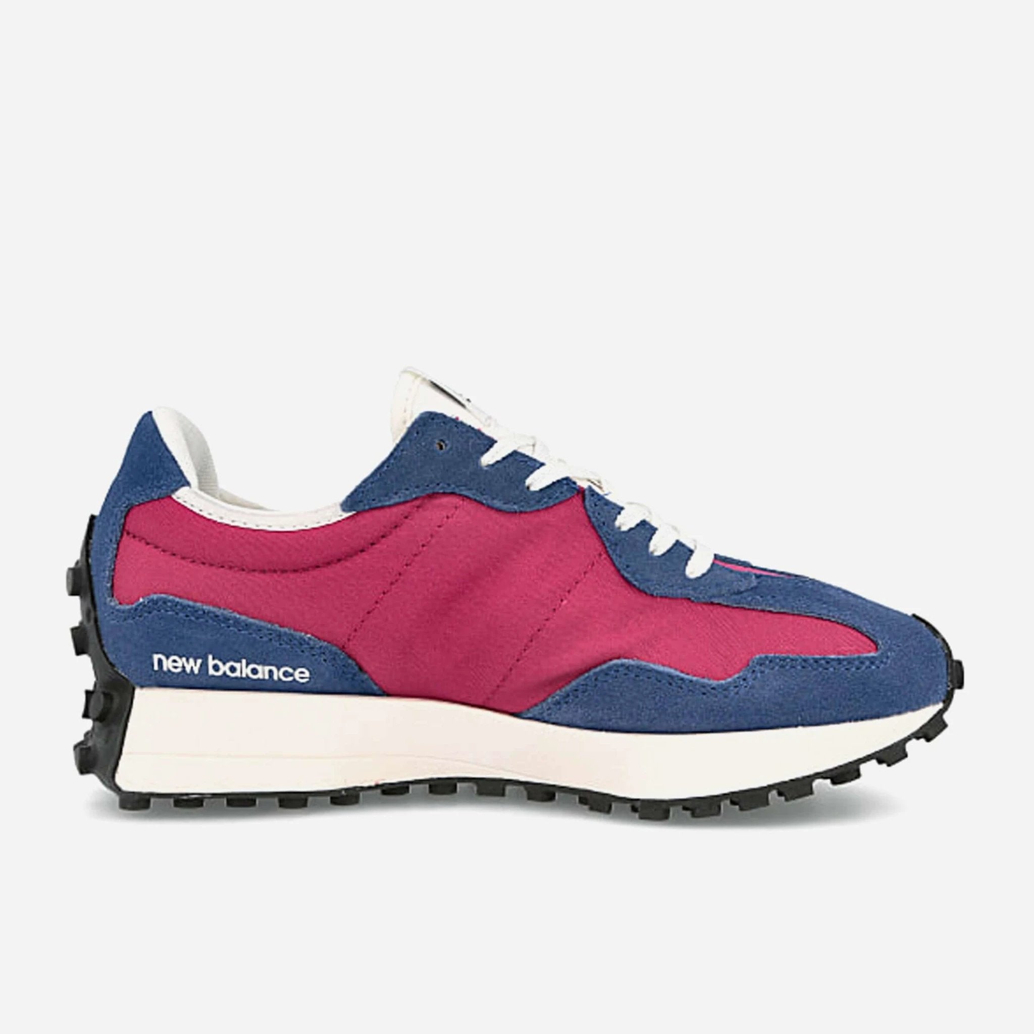 New Balance 327 women's shoes in blue and pink, inspired by 70s running style, with bold oversized logo.