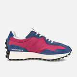 New Balance 327 women's shoes in blue and pink, inspired by 70s running style, with bold oversized logo.