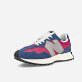 New Balance 327 women's shoes in blue, pink, and gray with a classic running shoe design.