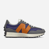 New Balance 327 women's shoes featuring a gray and navy upper with a bold orange logo. Classic retro style and comfort.