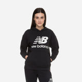 New Balance Essentials Stacked Logo oversized pullover hoodie for women, featuring a comfortable fit and kangaroo pocket.