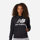 New Balance Essentials pullover hoodie for women, black with logo, designed for comfort and style.