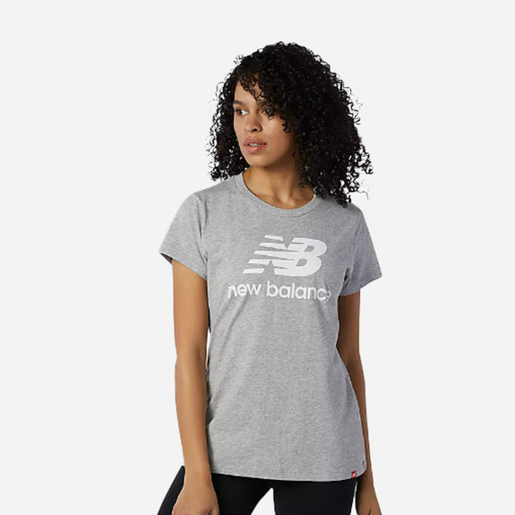 New Balance Essentials Stacked Logo Tee for women, featuring a classic gray design with signature logo.