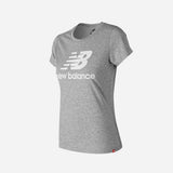 Grey New Balance Essentials Stacked Logo Tee for women, featuring a classic athletic fit and soft cotton fabric.