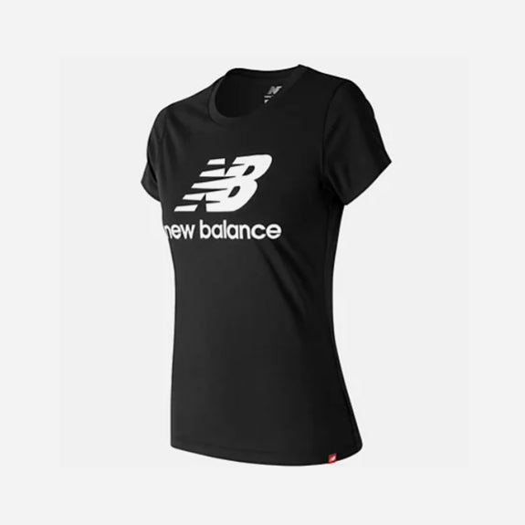 New Balance Essentials stacked logo tee for women in black featuring a classic NB logo design.