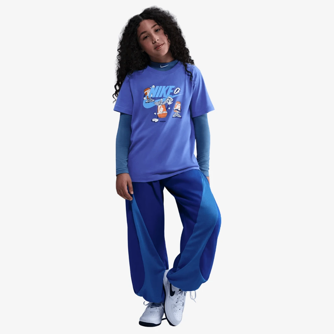 Nike Sportswear Boxy Break Dance T-Shirts in blue, featuring a playful graphic design.